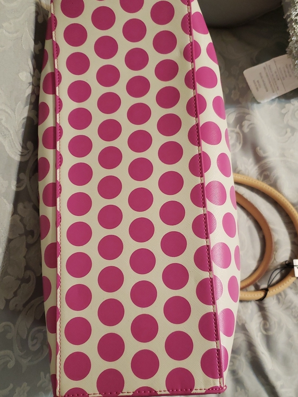NWT- Pink Polka Dot Tote Bag with Tan Handles Cabana Tote - Picture 5 of 5